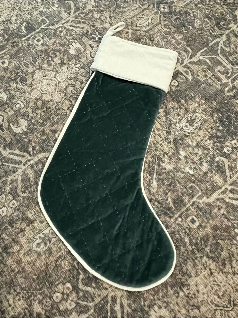 Crate&Barrel green velvet quilted Christmas stocking